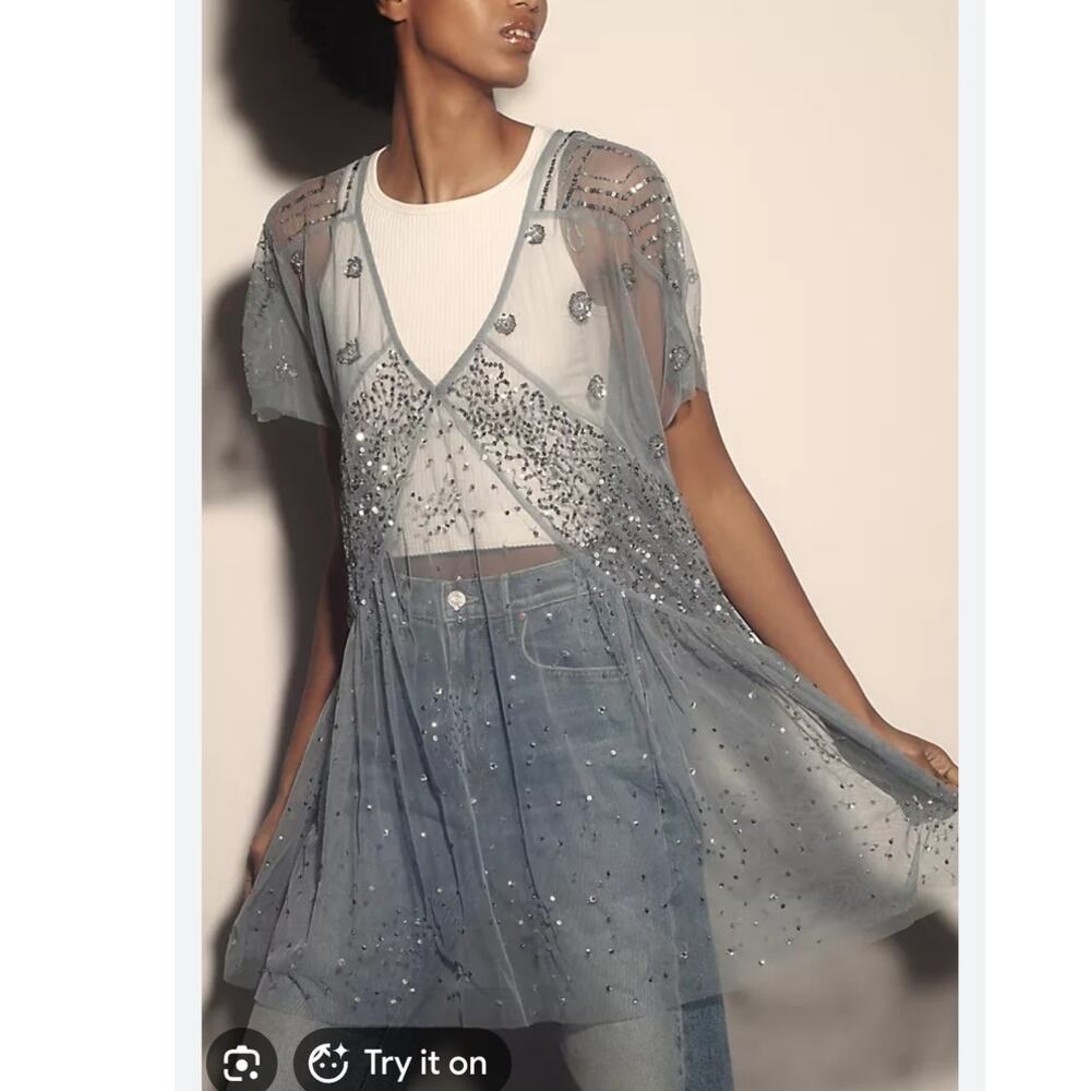 Anthropologie Sheer Tunic Top 1X Sequins Fairy Ethereal Jellyfish Angel Mermaid